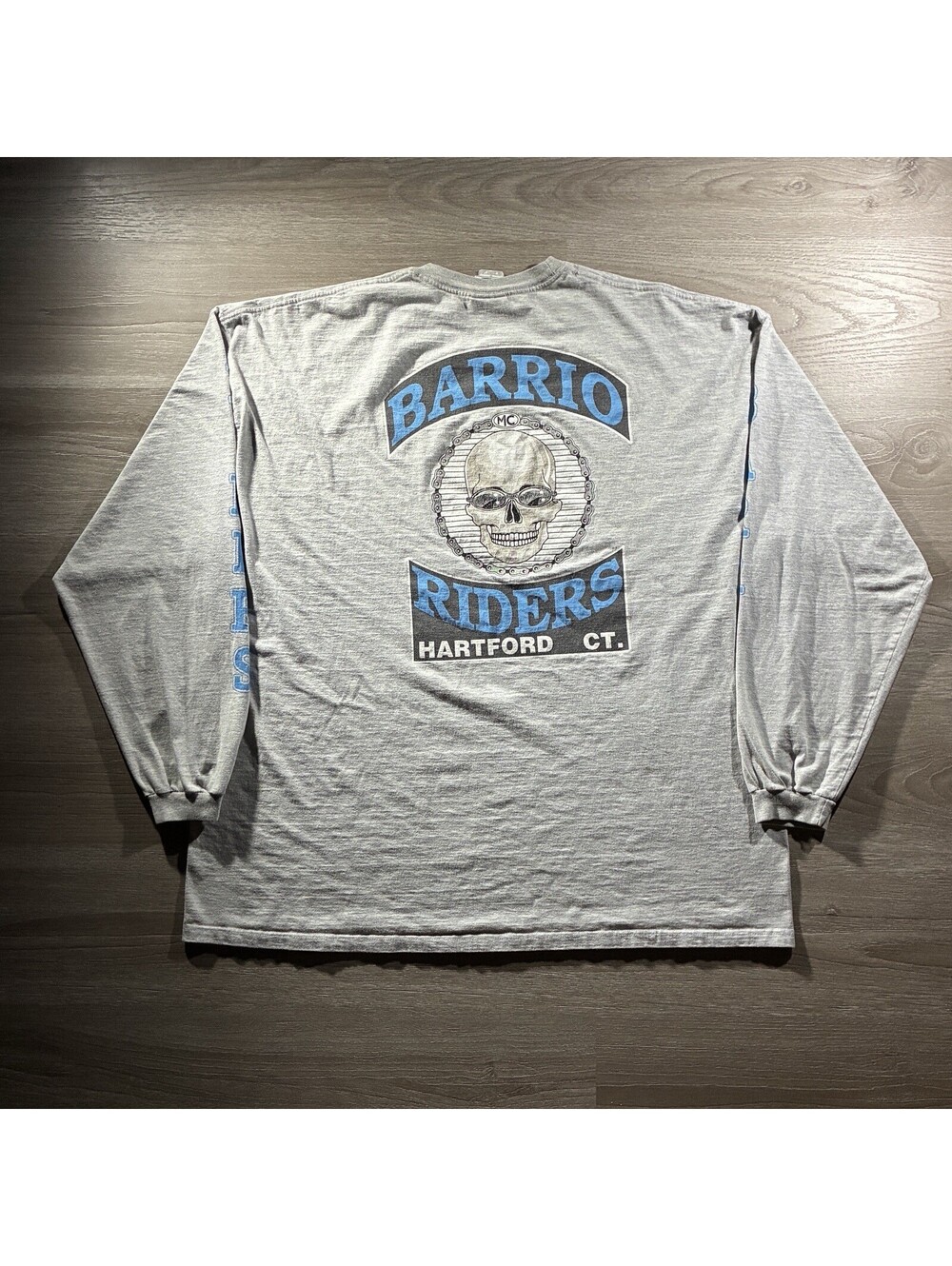 Vintage Barrio Riders MC Hartford CT Skull Graphic Long Sleeve Grey Mens 3XL Y2K